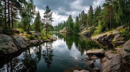 Poster - Scenic view of lake in pine forest under peaceful nature concept. Serene lake surrounded by lush trees and rocky terrain.