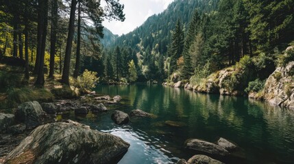 Poster - Scenic view of lake in pine forest with rock and trees concept. A serene lake surrounded by majestic mountains and tall trees.