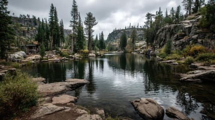 Poster - Scenic view of lake in pine forest under peaceful nature concept. Serene lake surrounded by tall pine trees and rocky cliffs.
