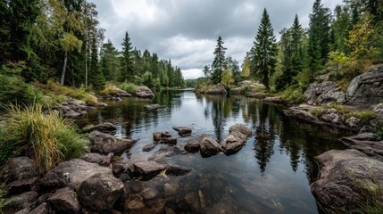 Poster - Scenic view of lake in pine forest under peaceful nature concept. Serene river scene surrounded by lush greenery and rocky outcrops.