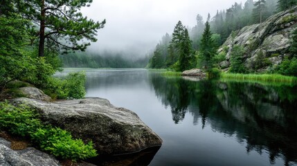 Poster - Scenic view of lake in pine forest under peaceful nature concept. Serene lake surrounded by misty trees and rocky shorelines.