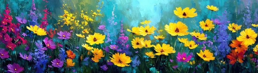 Poster - Blooming flowers in meadow surrounded by vibrant nature gardens concept. Vibrant field of colorful flowers under a bright blue sky.