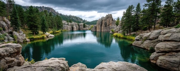 Poster - Scenic view of lake in pine forest with rock and trees concept. Serene lake reflecting rocky cliffs and lush greenery under clouds.