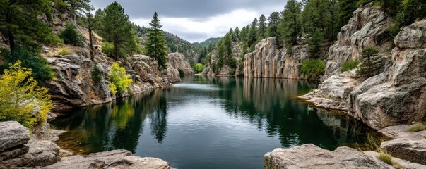 Poster - Scenic view of lake in pine forest with rock and trees concept. Serene lake surrounded by rocky cliffs and lush green trees.