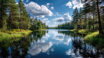 Aufkleber - Scenic view of lake in pine forest under cloudy blue sky concept. Calm river reflecting trees and clouds under a clear blue sky.