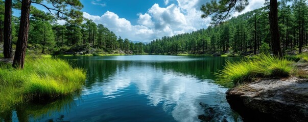 Poster - Scenic view of lake in pine forest under cloudy blue sky concept. Serene lake in a lush forest under a bright blue sky.