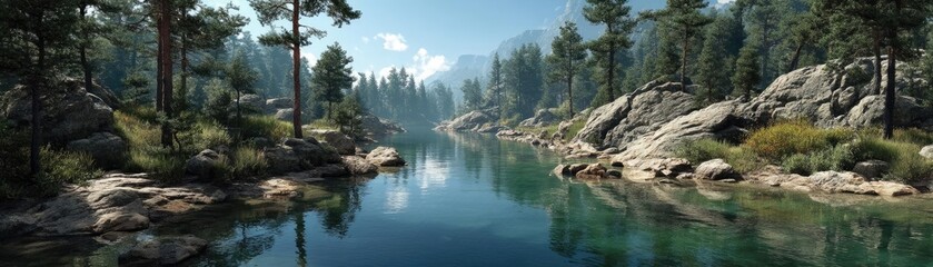 Poster - Scenic view of lake in pine forest with rock and trees concept. Serene river flowing through rocky terrain and lush green forest.