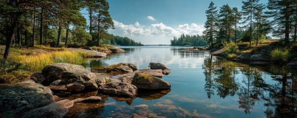 Poster - Scenic view of lake in pine forest with rock and trees concept. Serene lake view surrounded by lush greenery and tranquil nature.