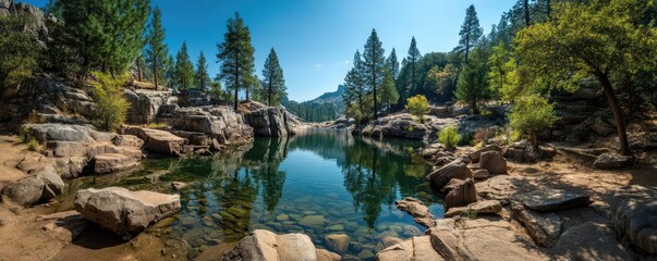 Poster - Scenic view of lake in pine forest with rock and trees concept. Serene lake surrounded by lush trees and rocky shoreline.
