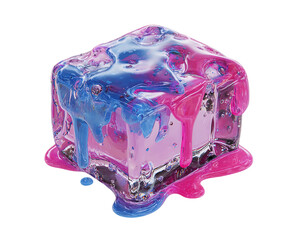 Poster - Melting Ice Cube with Pink and Blue Paint Drips on Transparent Background, PNG