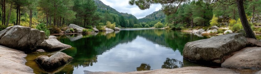 Poster - Scenic view of lake in pine forest under peaceful nature concept. A tranquil lake surrounded by lush trees and scenic mountains.