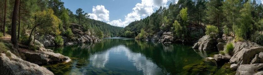 Poster - Scenic view of lake in pine forest with rock and trees concept. Serene lake surrounded by lush trees and dramatic rock formations.