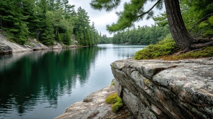 Poster - Scenic view of lake in pine forest under peaceful nature concept. A serene lake view surrounded by lush greenery and rocky shores.