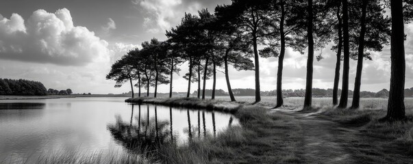 Poster - Scenic view of lake in pine forest under peaceful nature concept. A serene black and white landscape with trees by the lake.