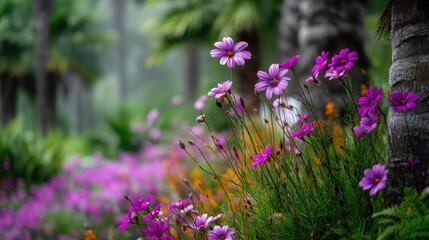 Poster - Blooming flowers in meadow surrounded by vibrant nature gardens concept. Vibrant garden filled with colorful flowers in lush greenery.