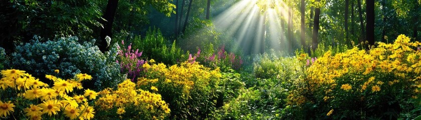 Poster - Blooming flowers in meadow surrounded by vibrant nature gardens concept. A vibrant forest scene filled with colorful flowers and sunlight.