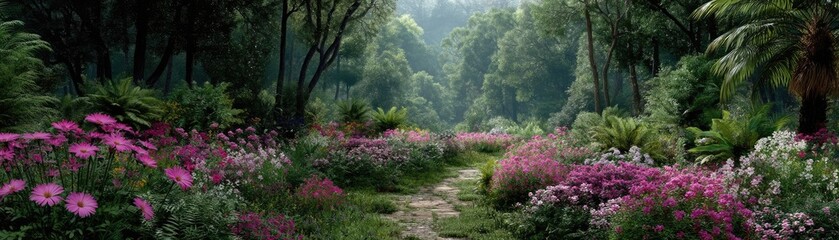 Poster - Blooming flowers in meadow surrounded by vibrant nature gardens concept. Vibrant floral pathway through a lush green forest landscape.