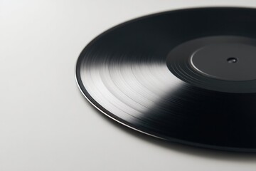 Poster - close-up of iconic vinyl record reflecting light on its metallic grooves on plain white surface