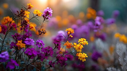 Poster - Blooming flowers in meadow with glowing landscapes and nature concept. A vibrant display of colorful wildflowers in soft sunlight.
