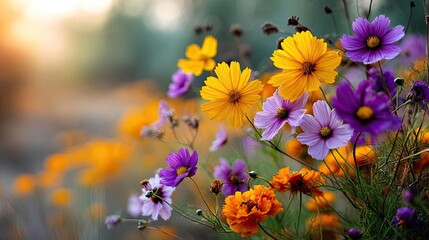 Poster - Blooming flowers in meadow with glowing landscapes and nature concept. Vibrant flowers blooming in a sunny garden with colorful petals.