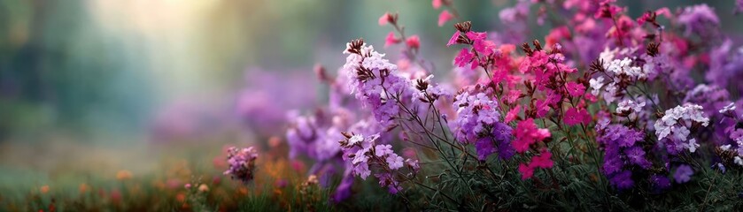 Poster - Blooming flowers in meadow with dreamy landscapes and gardens concept. A vibrant display of colorful flowers in a serene natural setting.