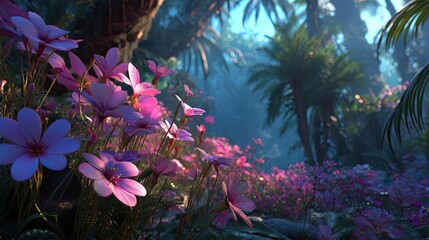 Poster - Blooming flowers in meadow surrounded by vibrant nature gardens concept. Vibrant flowers blooming in a lush, tropical environment.