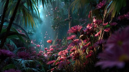 Poster - Blooming flowers in meadow surrounded by vibrant nature gardens concept. Vibrant flowers bloom in lush forest, bathed in soft sunlight.