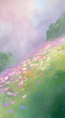  Dreamy Flower Field: Pastel Colors and Spring Blooms in Misty Soft Focus Landscape