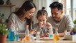 © soimsigittt - Family Science Experiment: Daughter Carefully Mixing Colored Liquids with Parents Helping, Creating a Joyful Learning Experience at Home