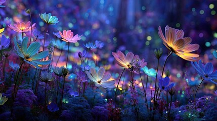 Poster - Blooming flowers in meadow with dreamy landscapes and gardens concept. Vibrant flowers glowing in a mystical forest at night.