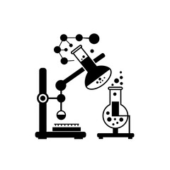 Poster - Scientific Discovery: An illustration of a microscope and beakers forming a connection with chemical structures, representing the exploration and analysis. 