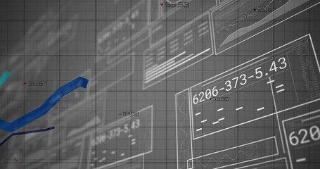 Poster - Financial dashboard displaying panels over grid, tracing blue and teal lines with arrow labels