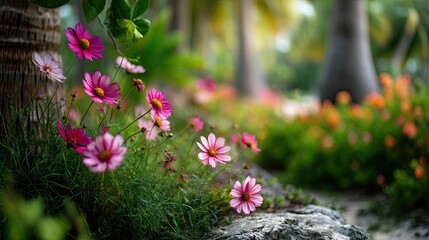 Poster - Blooming flowers in meadow surrounded by vibrant nature gardens concept. Colorful flowers blooming in a lush green garden setting.