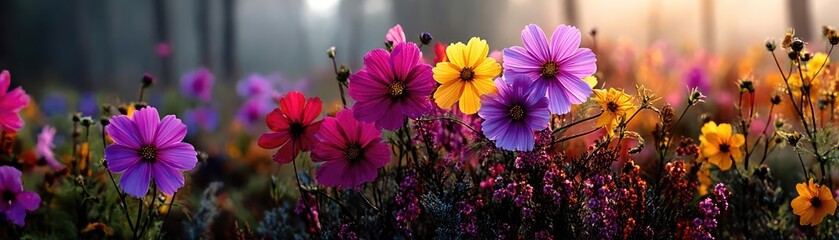 Poster - Blooming flowers in meadow with dreamy landscapes and gardens concept. A vibrant field of colorful flowers blooming in soft sunlight.
