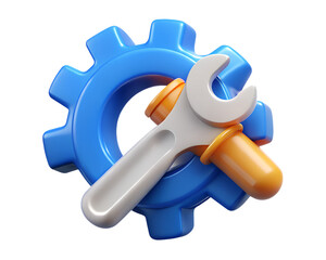 Poster - Blue cogwheel with white and orange wrench high quality 3d rendering icon on transparent background