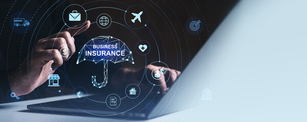 Poster - Business insurance concept with digital icons and holographic umbrella over laptop screen in futuristic blue style on dark background..