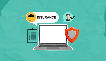 Poster - Digital insurance concept with laptop, checklist, shield, and umbrella icon on turquoise background representing online security and policy verification.