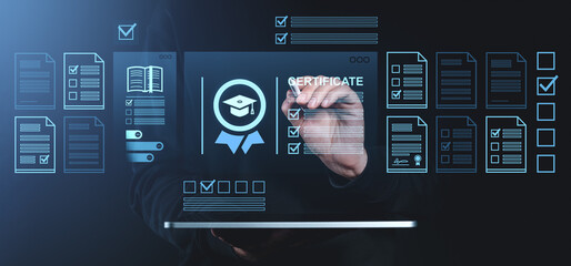 Poster - Digital certification interface with hand writing on transparent screen concept.