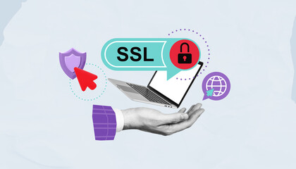 Poster - SSL security concept with laptop, lock, and shield on abstract background.