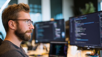 Dedicated video game developer programming futuristic software in modern office setting