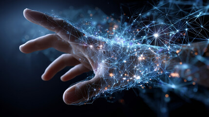 Poster - Hand touching global network connection and data from lines, triangles and particle style design. Illustration vector