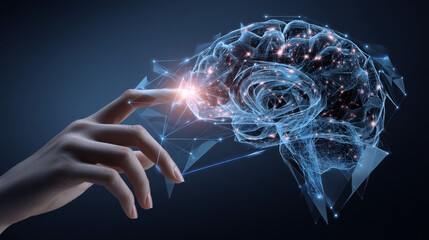 Poster - Hand touch Brain form lines and triangles, point connecting network on blue background. Illustration vector