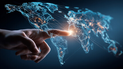 Poster - Hand touch global map form lines and triangles, point connecting network on blue background. Illustration vector