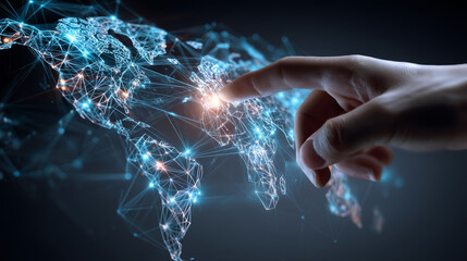Poster - Digital marketing media in virtual globe shape diagram. Hand touching global network