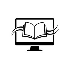 Poster - digital reading: a stylized image of an open book superimposed upon a computer monitor, with gracefu