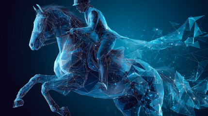 Poster - Abstract Jockey on horse form lines and triangles, point connecting network on blue background. Illustration vector