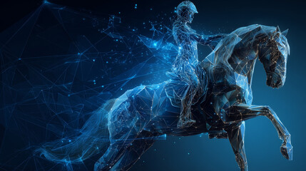 Poster - Abstract Jockey on horse form lines and triangles, point connecting network on blue background. Illustration vector