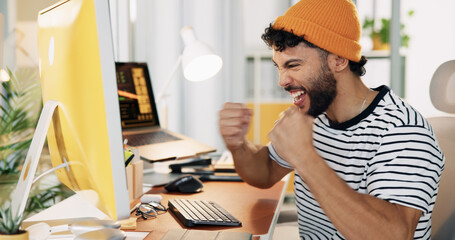 Fototapete - Success, computer and excited with business man in office for graphic designer, digital media project and winner. Website branding, achievement and planning with person in startup for celebration