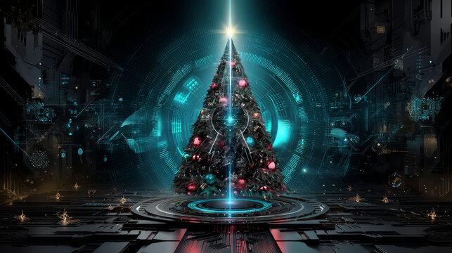 Christmas tree on Christmas poster in computer technology style. New year, merry christmas congratulations card in computer tech design. Template Christmas cards in style of digital technology.