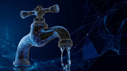 Poster - Dripping tap with drop form lines and triangles, point connecting network on blue background. Illustration vector